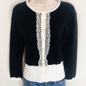 Larry Levine Black Cream Lace Cardigan Sweater